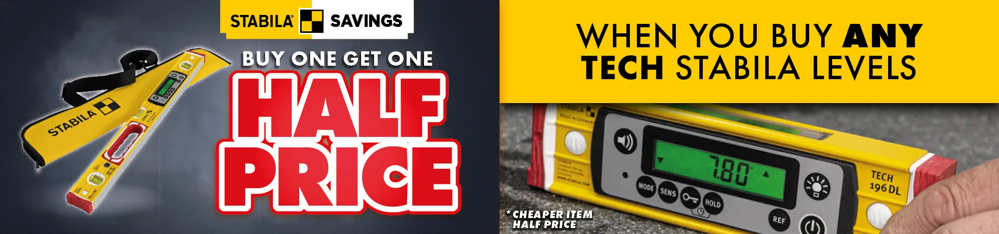 Stabila Savings: Buy 1 get 1 1/2 Price on all Stabila TECH Levels (T/C's Cheapest One Half Price)