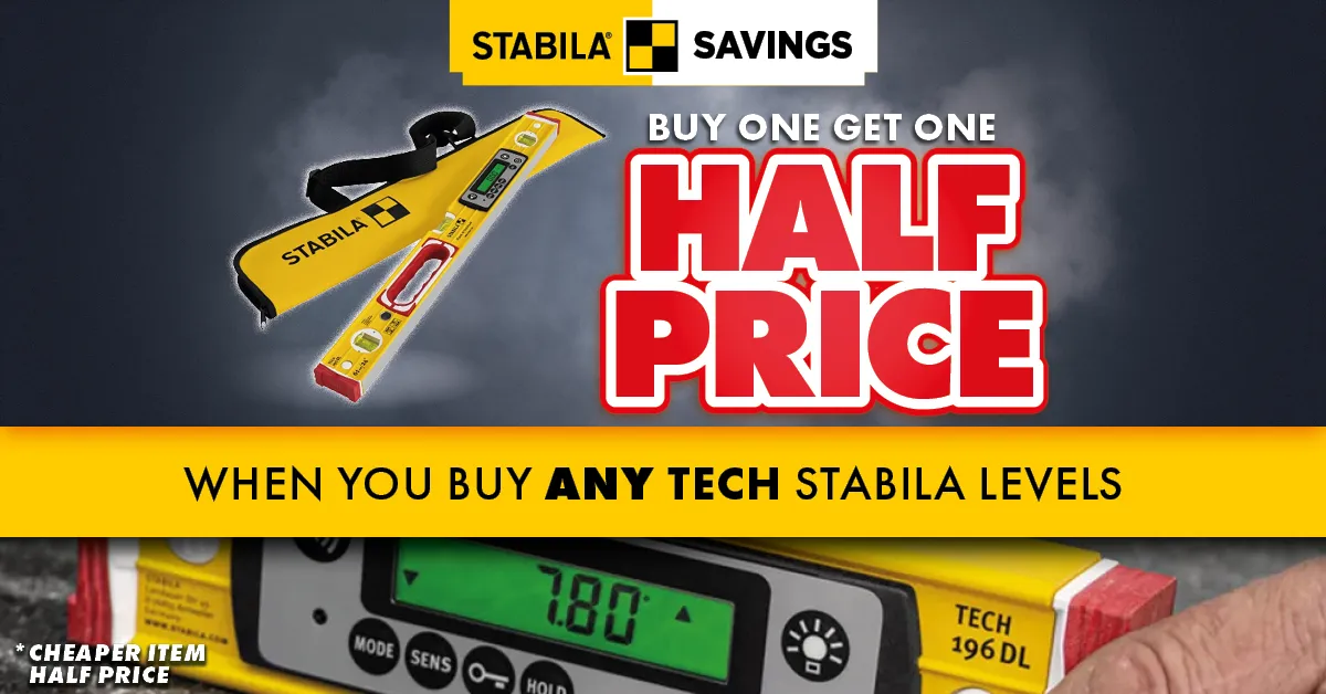Stabila Savings: Buy 1 get 1 1/2 Price on all Stabila TECH Levels (T/C's Cheapest One Half Price)