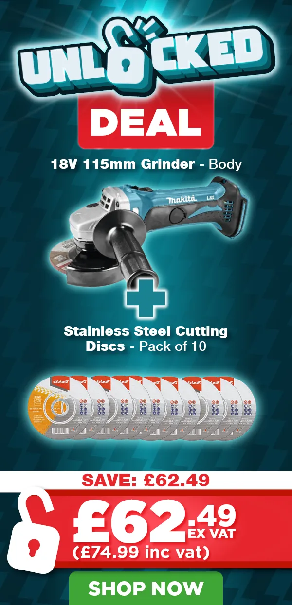Makita DGA452Z 18V LXT 115mm angle grinder with ten stainless steel cutting discs