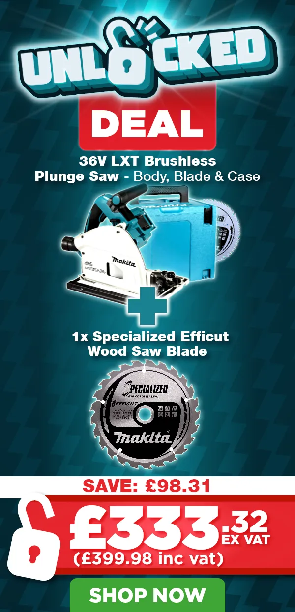 Makita DSP600ZJ twin 18V LXT brushless plunge saw with MAKPAC case and two saw blades