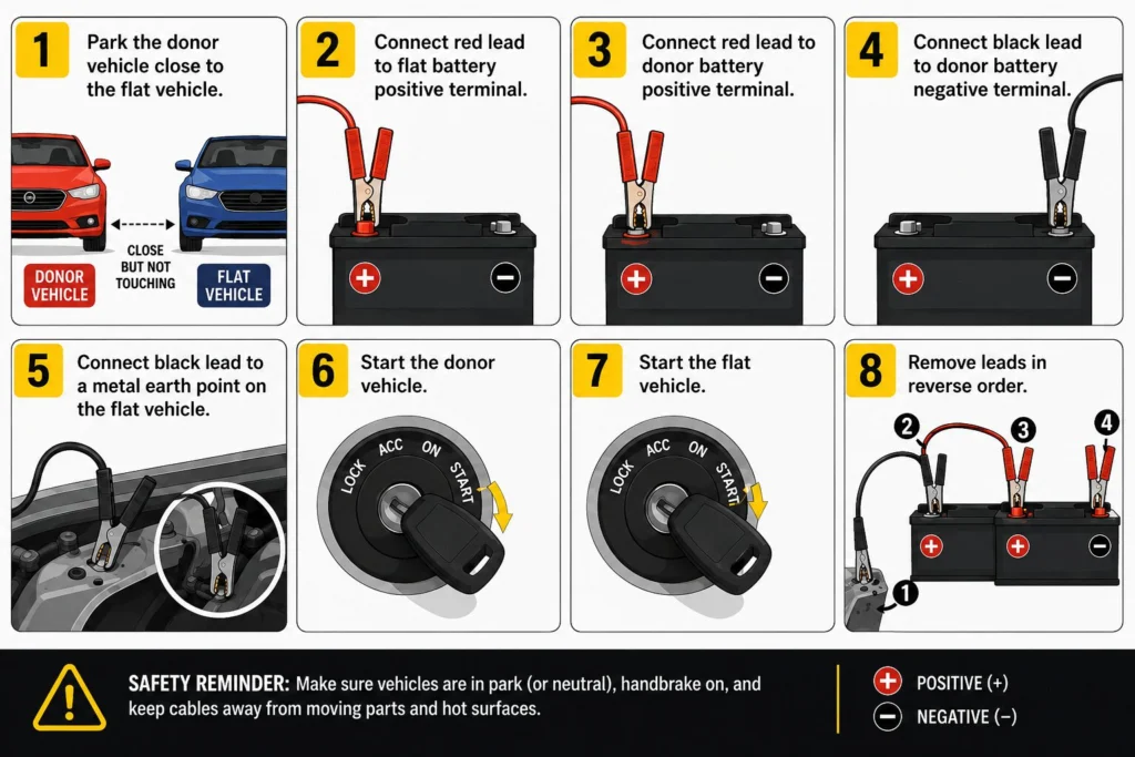 Step-by-step guide showing how to safely jump start a car using jump leads.