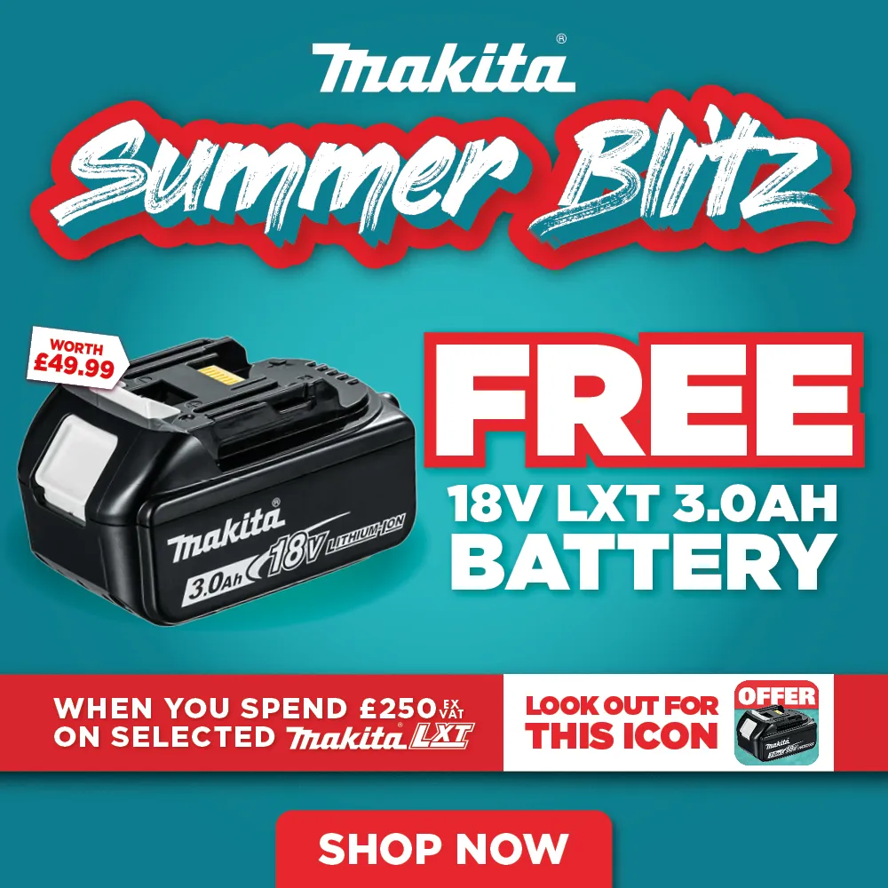 Makita Summer Blitz: FREE 18V LXT 3.0Ah Battery worth £49.99 when you spend £250 Ex VAT on selected Makita LXT